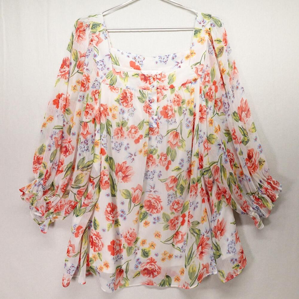 LC Lauren Conrad Top Womens 2X Floral Chiffon Boho Peasant Sheer Resort